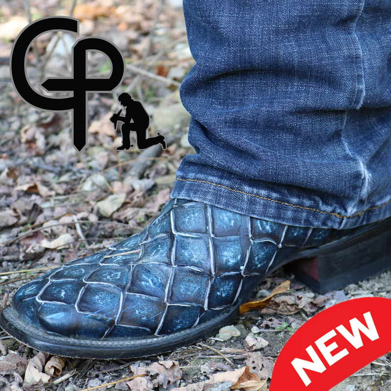 Load image into Gallery viewer, CP1707 - Cowboy Prayer Hand Crafted Blue Pirarucu Print Cowboy Boots
