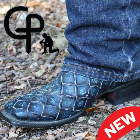 CP1707 - Cowboy Prayer Hand Crafted Blue Pirarucu Print Cowboy Boots