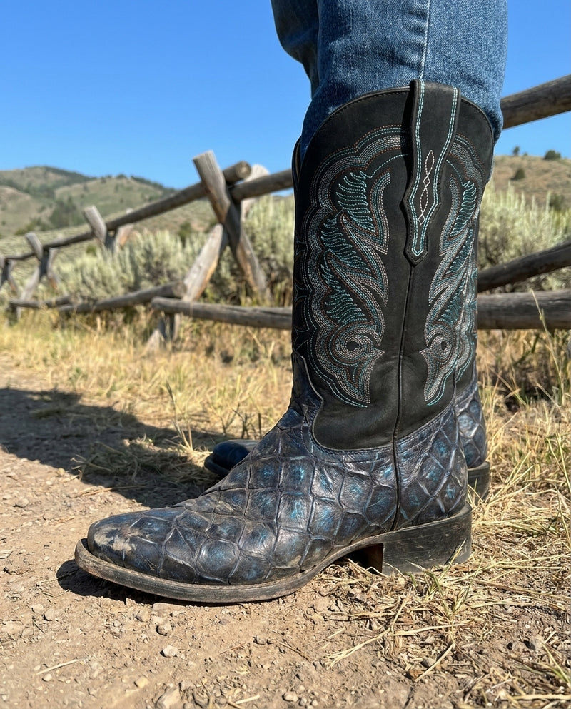 Load image into Gallery viewer, CP1707 - Cowboy Prayer Hand Crafted Blue Pirarucu Print Cowboy Boots
