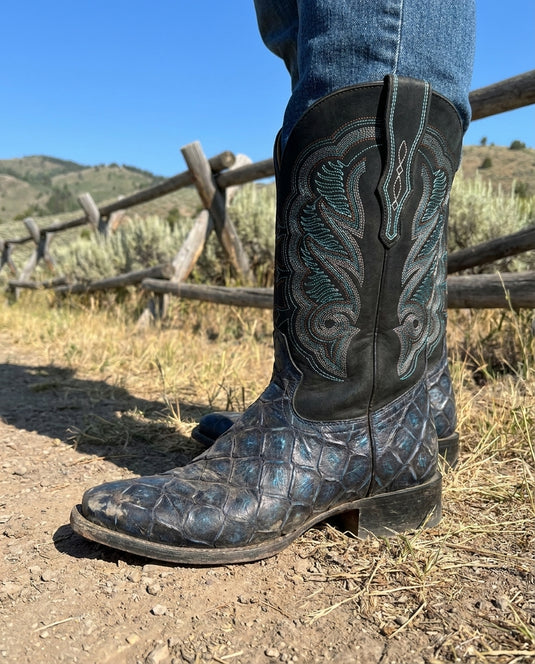 CP1707 - Cowboy Prayer Hand Crafted Blue Pirarucu Print Cowboy Boots