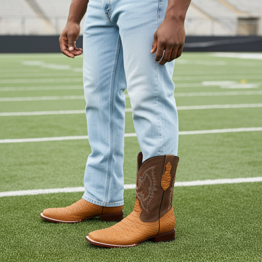 CP1708 - Cowboy Prayer Hand Crafted Tan Python Print Cowboy Boots
