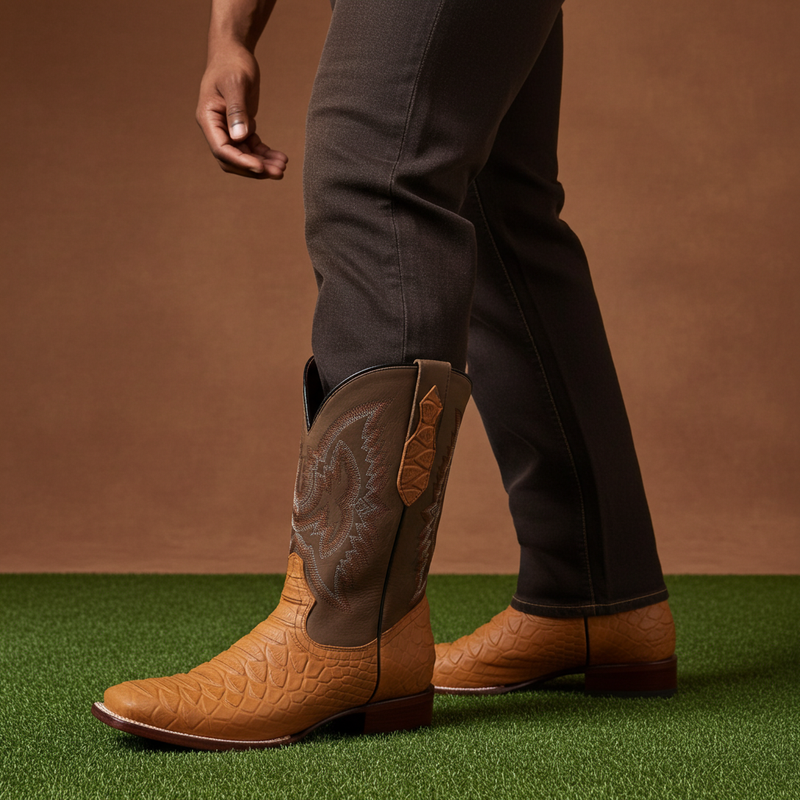 Load image into Gallery viewer, CP1708 - Cowboy Prayer Hand Crafted Tan Python Print Cowboy Boots
