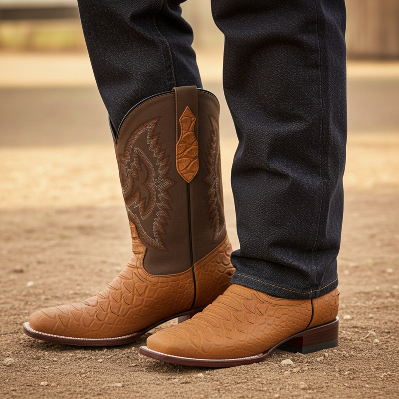 Load image into Gallery viewer, CP1708 - Cowboy Prayer Hand Crafted Tan Python Print Cowboy Boots
