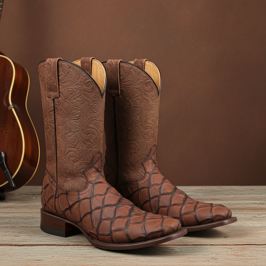 CP1709 - Cowboy Prayer Chocolate Pirarucu Print Cowboy Boots