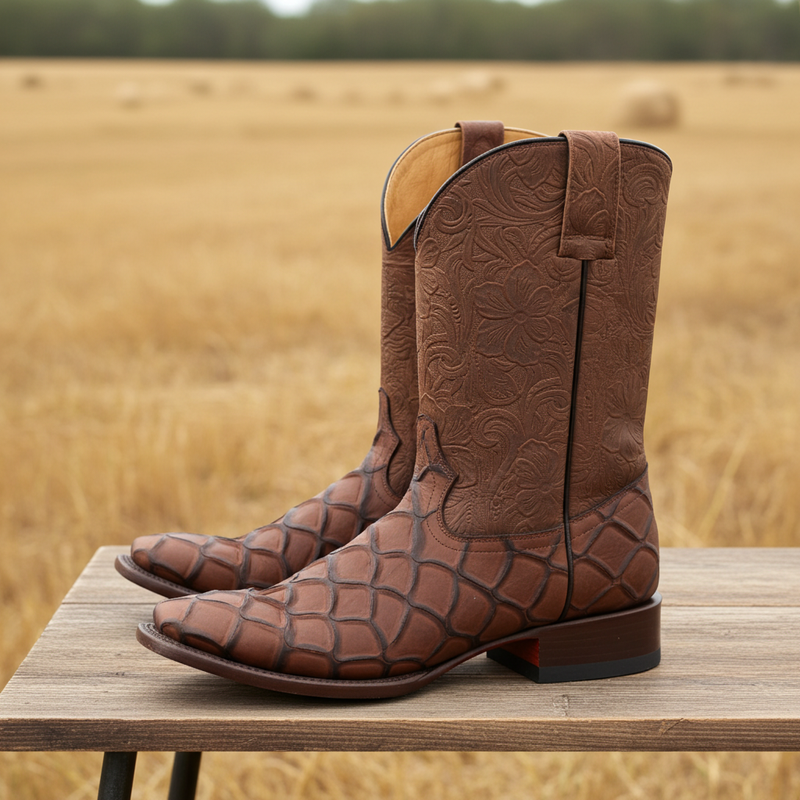 Load image into Gallery viewer, CP1709 - Cowboy Prayer Chocolate Pirarucu Print Cowboy Boots
