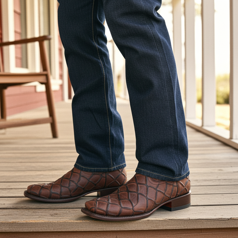 Load image into Gallery viewer, CP1709 - Cowboy Prayer Chocolate Pirarucu Print Cowboy Boots
