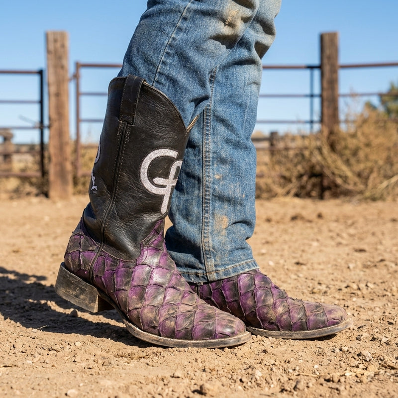 Load image into Gallery viewer, CP5006 - Cowboy Prayer Men's Purple Pirarucu Print Western Boot
