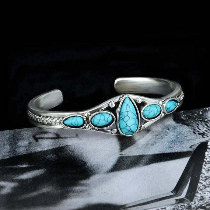NIHBC43 - Metal Multi Stone Teardrop Turquoise Bangle Bracelet