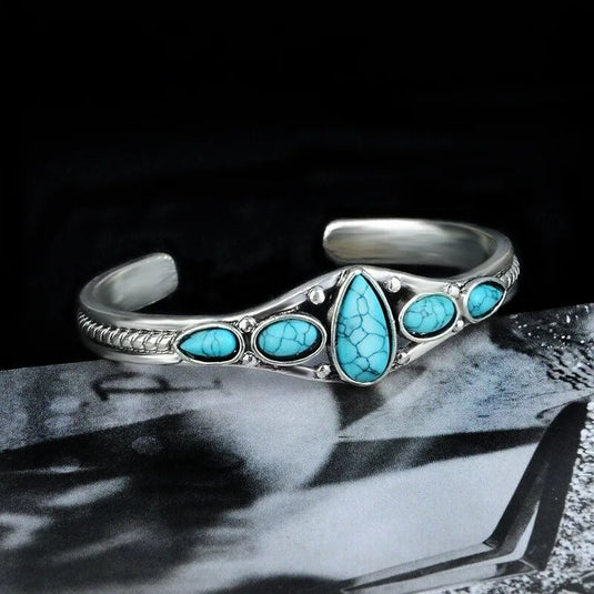 NIHBC43 - Metal Multi Stone Teardrop Turquoise Bangle Bracelet