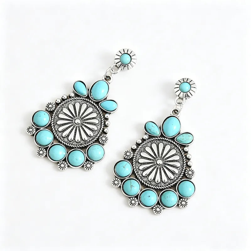 Load image into Gallery viewer, NIHER152 - Western Style Celtic Knot Earrings In Silver Alloy W/ Turquoise Inlay
