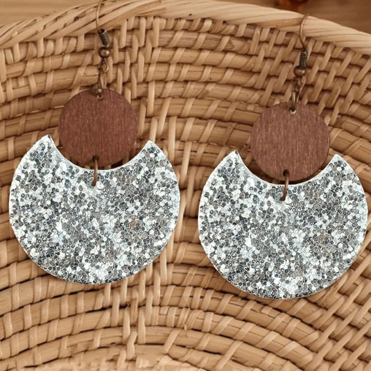 NIHER81 - Christmas Silver Shiny Ring & Wooden Circle Earrings