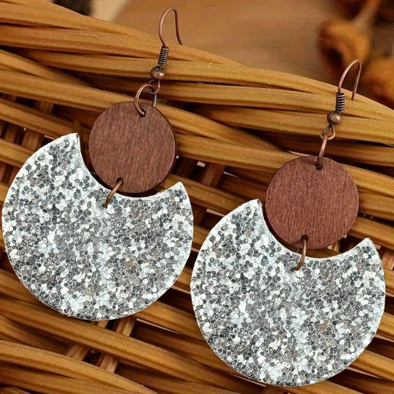Load image into Gallery viewer, NIHER81 - Christmas Silver Shiny Ring &amp; Wooden Circle Earrings
