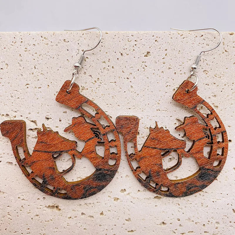 Load image into Gallery viewer, NIHER5 - Cowgirl &amp; Horse Wooden Earrings
