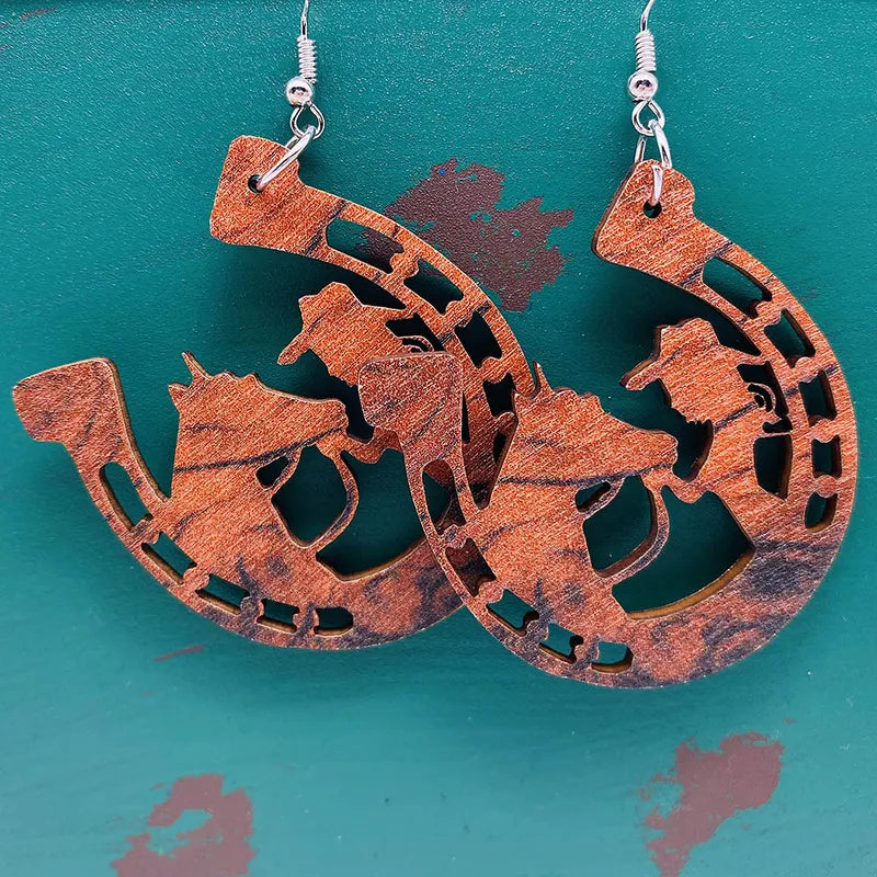 Load image into Gallery viewer, NIHER5 - Cowgirl &amp; Horse Wooden Earrings
