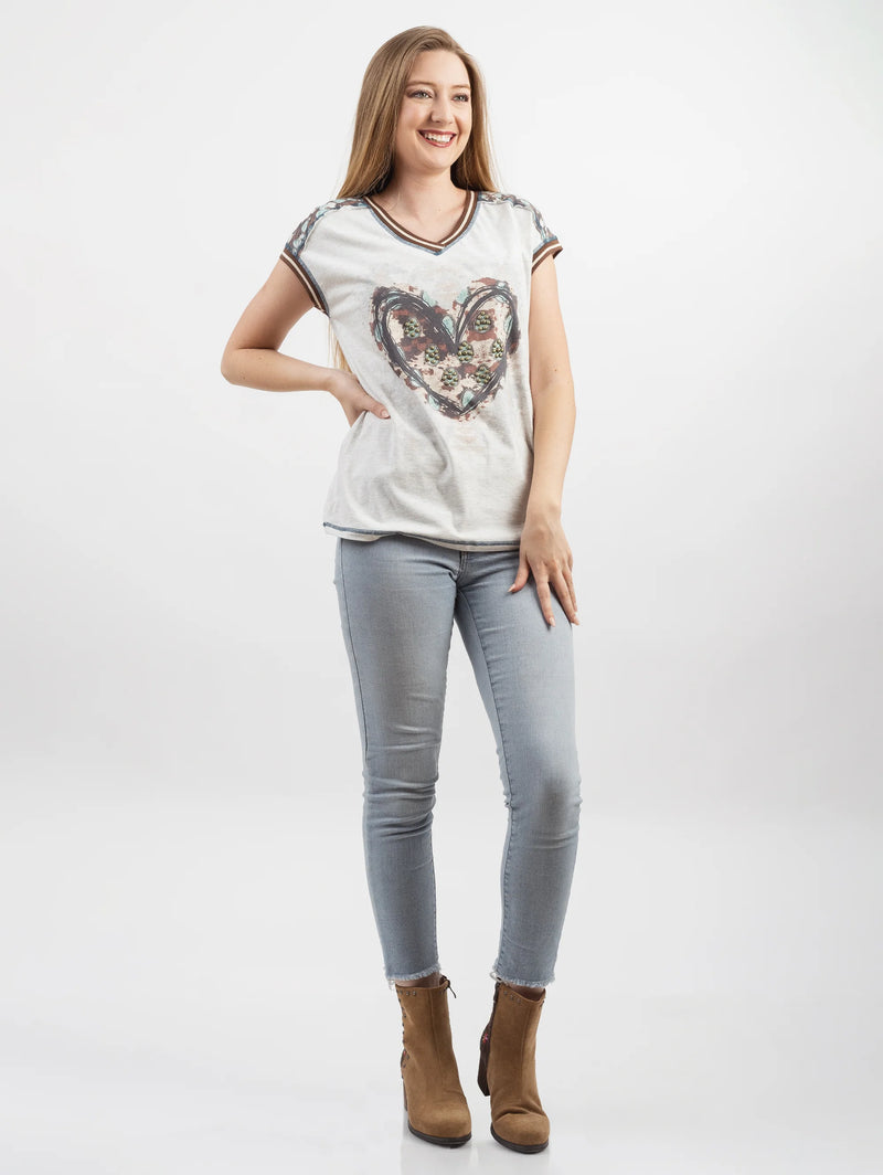 Load image into Gallery viewer, DL-T065GR - Delila Women&#39;s Mineral Wash Contrast Stitched Studded Heart Graphic Tee
