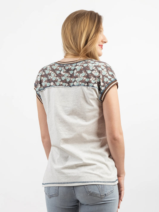 DL-T065GR - Delila Women's Mineral Wash Contrast Stitched Studded Heart Graphic Tee