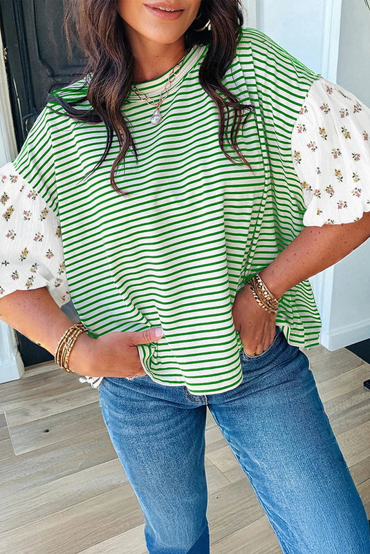 DLLS507 - Ladies Green Stripe Floral Puff Sleeve Patchwork Round Neck Loose Top