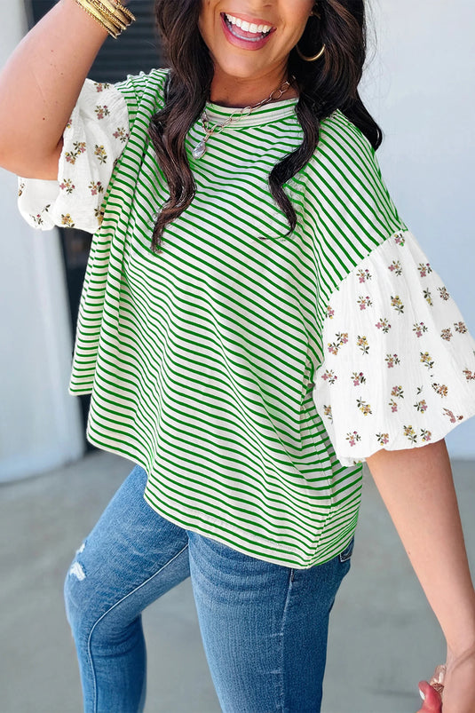 DLLS507 - Ladies Green Stripe Floral Puff Sleeve Patchwork Round Neck Loose Top