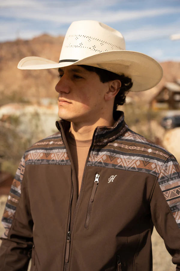 Load image into Gallery viewer, HJ109BRAZ - Hooey Men&#39;s Softshell Jacket Brown Full Zip with Tan / Grey Aztec Sleeves

