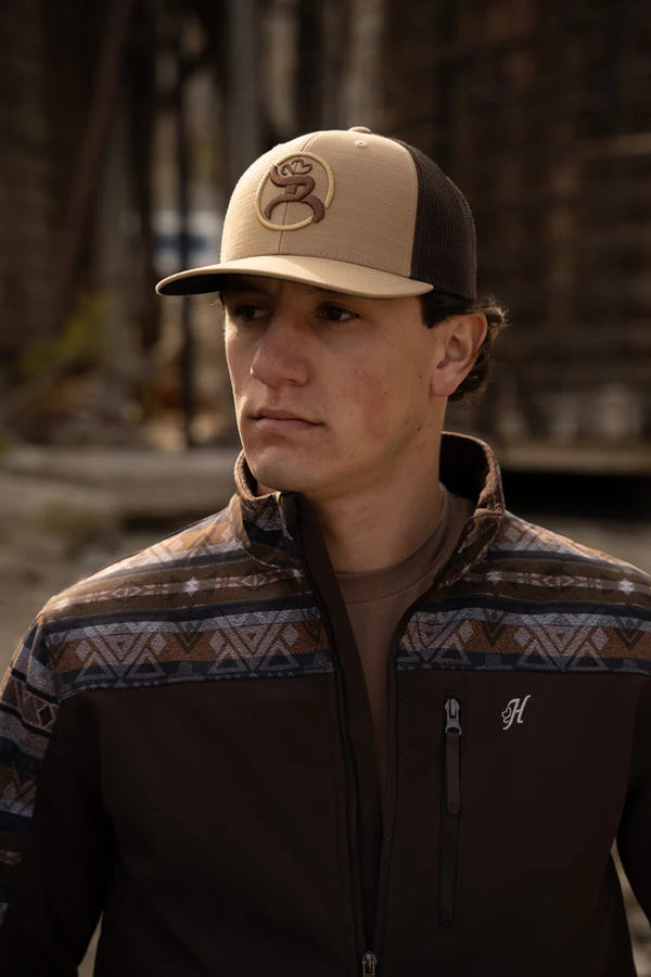 Load image into Gallery viewer, HJ109BRAZ - Hooey Men&#39;s Softshell Jacket Brown Full Zip with Tan / Grey Aztec Sleeves
