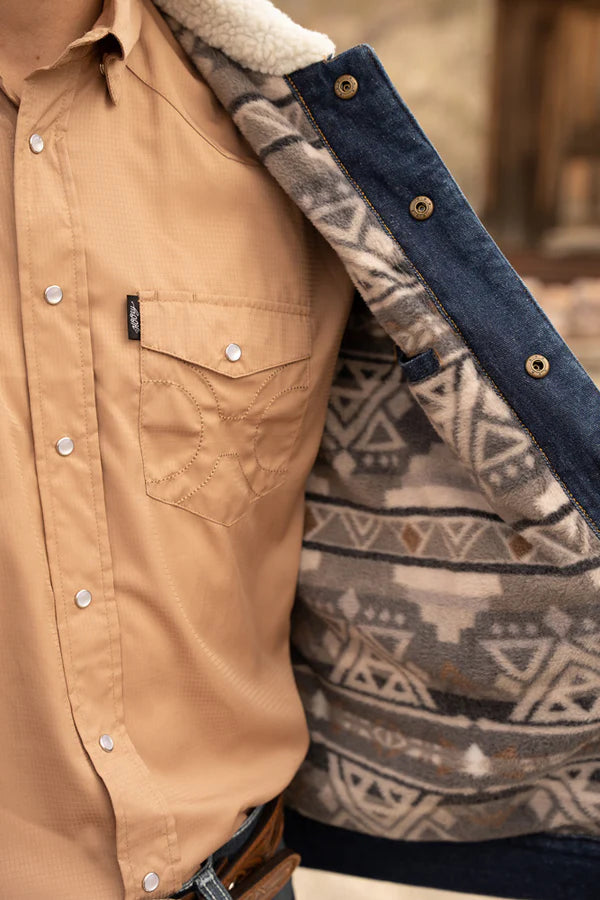 Load image into Gallery viewer, HJ114DE - &quot;Hooey Denim Jacket&quot; w/Cream Sherpa &amp; Brown/ Tan Aztec Fleece Lining
