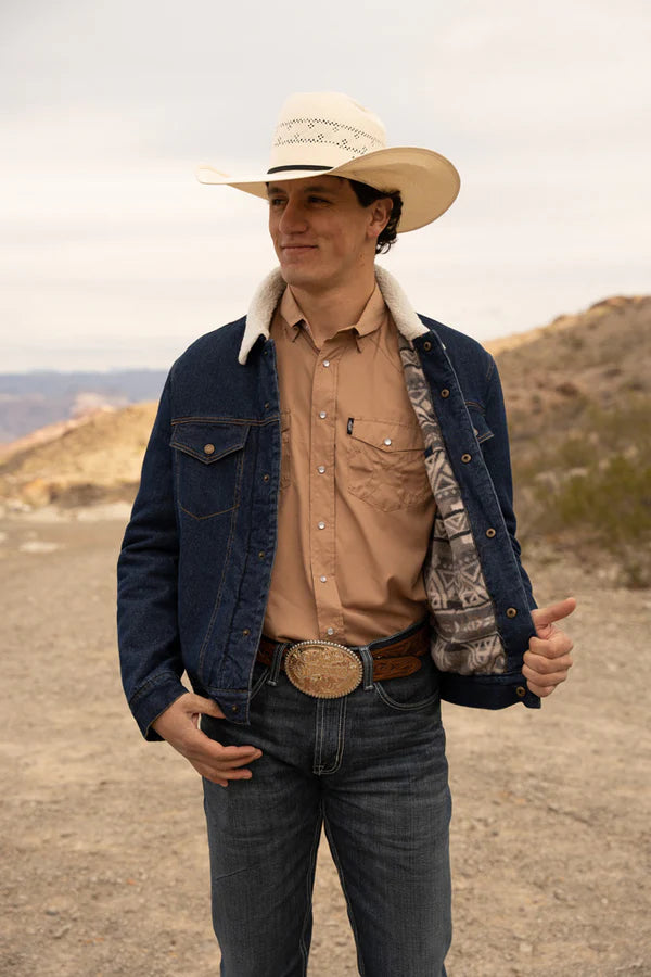 Load image into Gallery viewer, HJ114DE - &quot;Hooey Denim Jacket&quot; w/Cream Sherpa &amp; Brown/ Tan Aztec Fleece Lining
