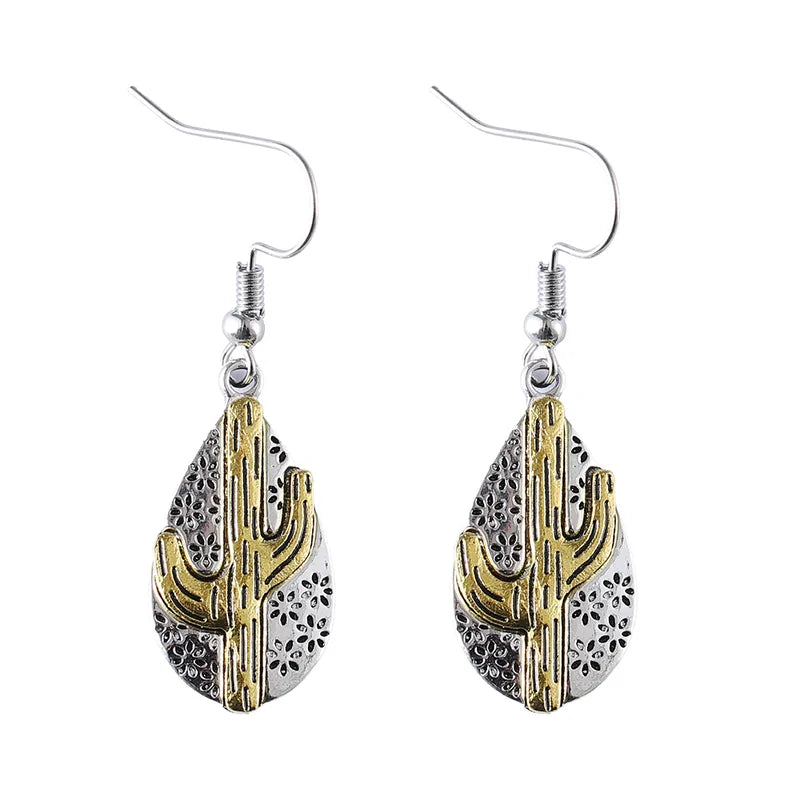 Load image into Gallery viewer, NIHER140 - Two-Tone Western Cactus Drop Earrings
