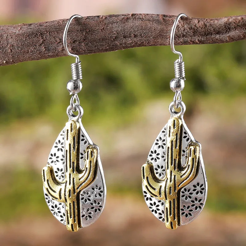 Load image into Gallery viewer, NIHER140 - Two-Tone Western Cactus Drop Earrings
