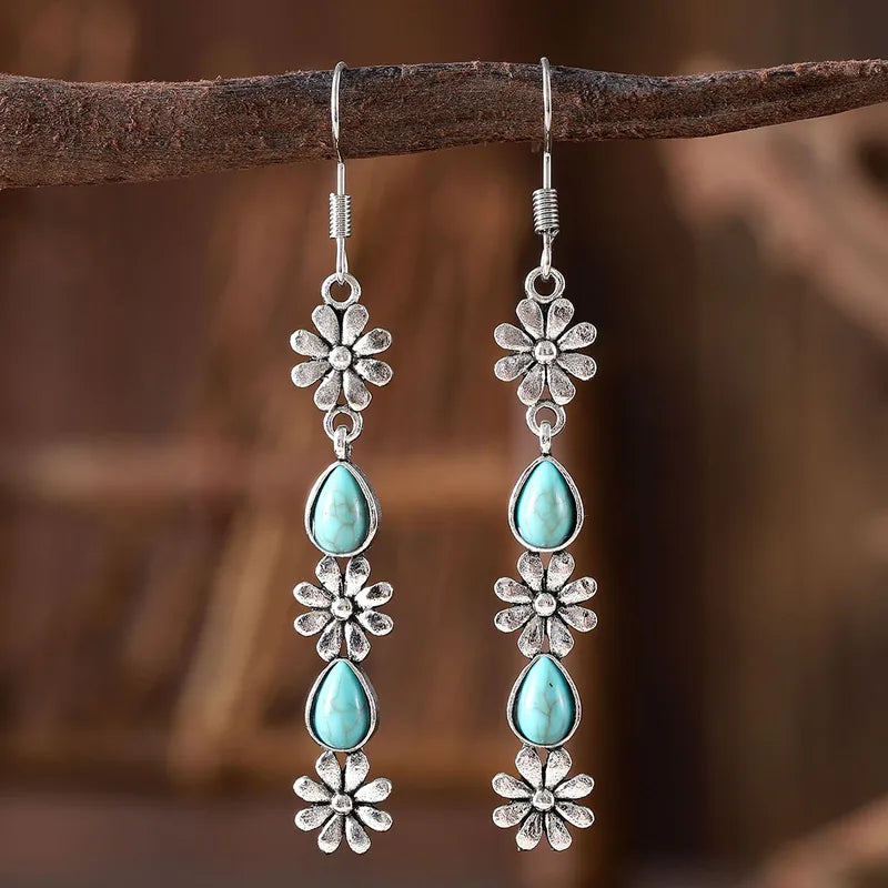 Load image into Gallery viewer, NIHER133 - Retro Flower Water Droplet Earrings W/ Turquoise Stones
