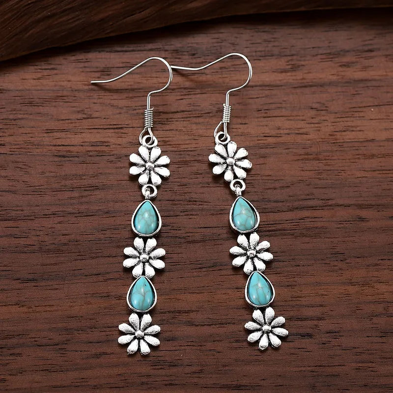 Load image into Gallery viewer, NIHER133 - Retro Flower Water Droplet Earrings W/ Turquoise Stones
