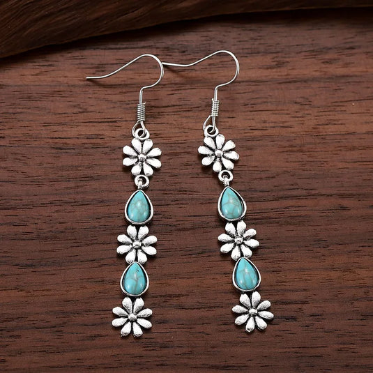 NIHER133 - Retro Flower Water Droplet Earrings W/ Turquoise Stones