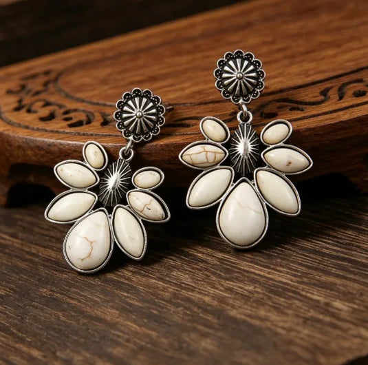 NIHER119 - Ethnic White Turquoise Drop Earrings