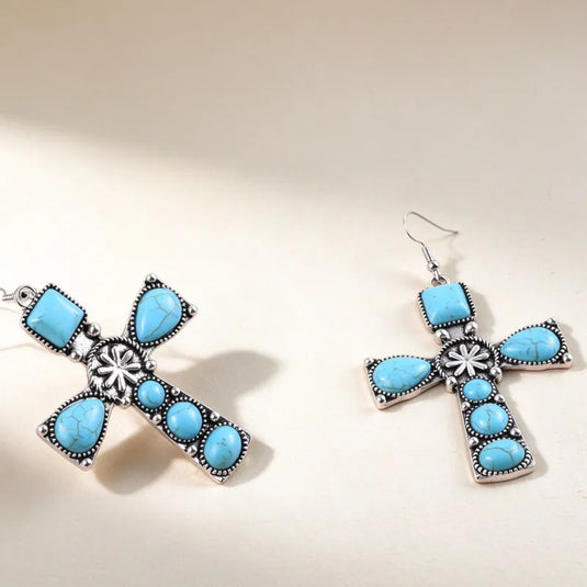NIHER121 - Ethnic Turquoise Cross Inlay Earrings