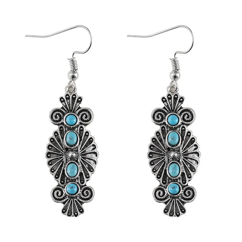 Load image into Gallery viewer, NIHER145 - Ethnic Style Carved Flower Earrings W/ Turquoise Inlay
