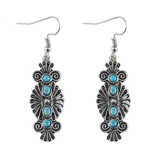 NIHER145 - Ethnic Style Carved Flower Earrings W/ Turquoise Inlay