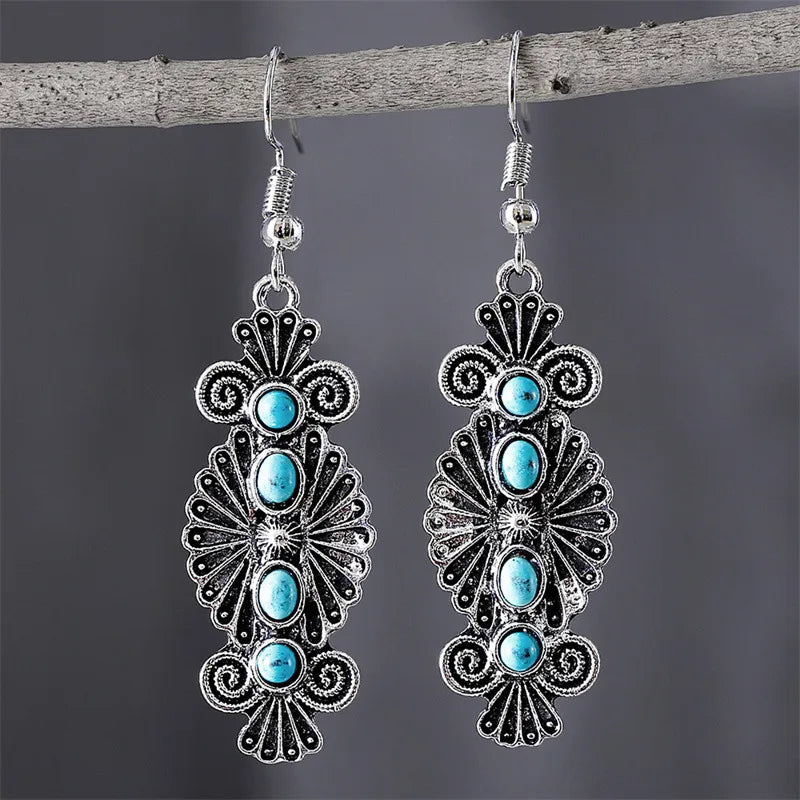 Load image into Gallery viewer, NIHER145 - Ethnic Style Carved Flower Earrings W/ Turquoise Inlay
