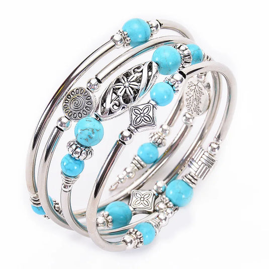 NIHBC48 - Cylindrical Metal Bracelet w/ Turquoise Beads