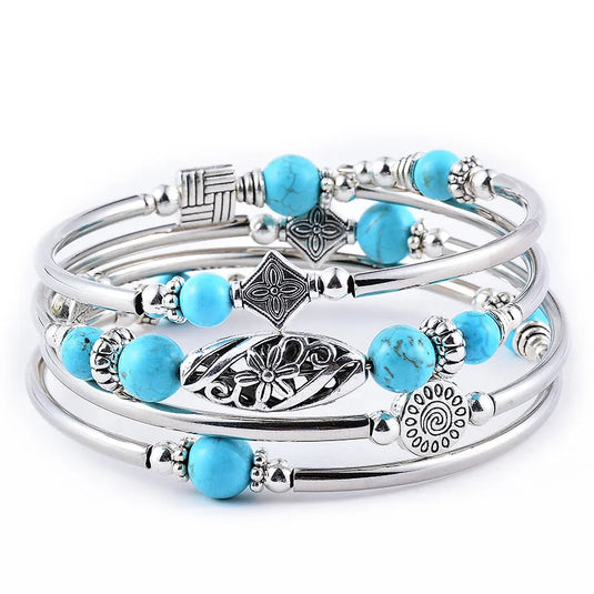 NIHBC48 - Cylindrical Metal Bracelet w/ Turquoise Beads