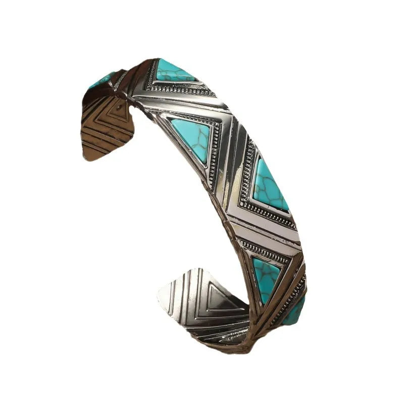 Load image into Gallery viewer, NIHBC15 - Geometric Turquoise Inlay Bangle Bracelet
