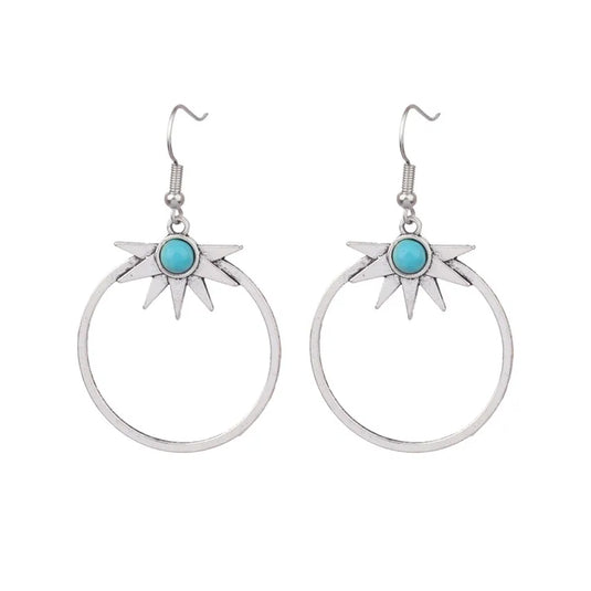 NIHER143 - Ethnic Style Hoop Earrings In Alloy W/ Turquoise Inlay