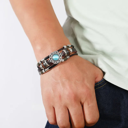 NIHBC59 - Geometric Brown Multi Layer PU Leather Turquoise Bracelet