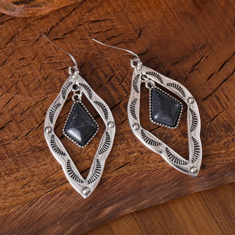 Load image into Gallery viewer, NIHER142 - Geometric Rhombus Earrings In Silver Featuring Turquoise Inlay
