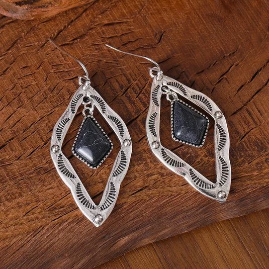 NIHER142 - Geometric Rhombus Earrings In Silver Featuring Turquoise Inlay