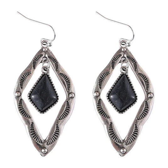 NIHER142 - Geometric Rhombus Earrings In Silver Featuring Turquoise Inlay