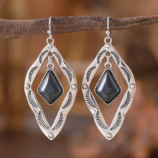 NIHER142 - Geometric Rhombus Earrings In Silver Featuring Turquoise Inlay
