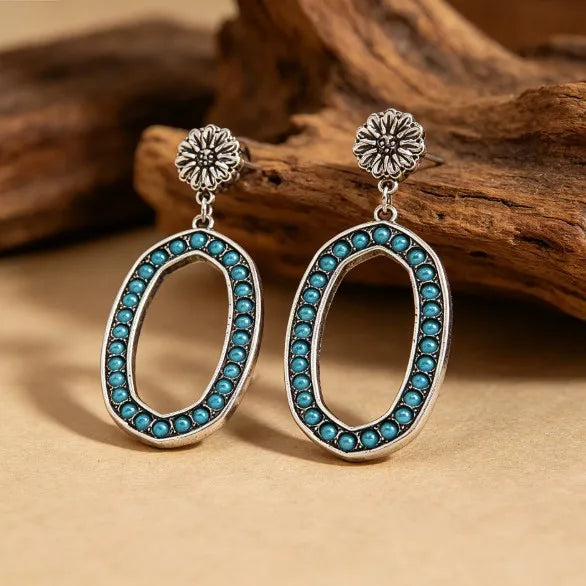 Load image into Gallery viewer, NIHER123 - Retro Silver Round Dangling Earrings W/ Turquoise Stones
