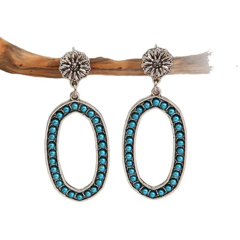 Load image into Gallery viewer, NIHER123 - Retro Silver Round Dangling Earrings W/ Turquoise Stones
