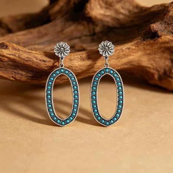 Load image into Gallery viewer, NIHER123 - Retro Silver Round Dangling Earrings W/ Turquoise Stones
