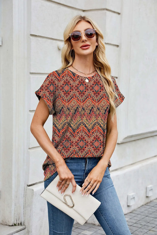 NIHTS24 - Ladies Geometric Print Short Sleeve Shirt