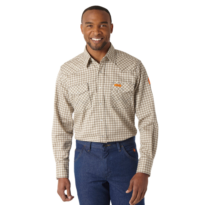 Load image into Gallery viewer, 10FR124MM - Wrangler® FR Flame Resistant Lightweight Work Shirt - Khaki/White Plaid
